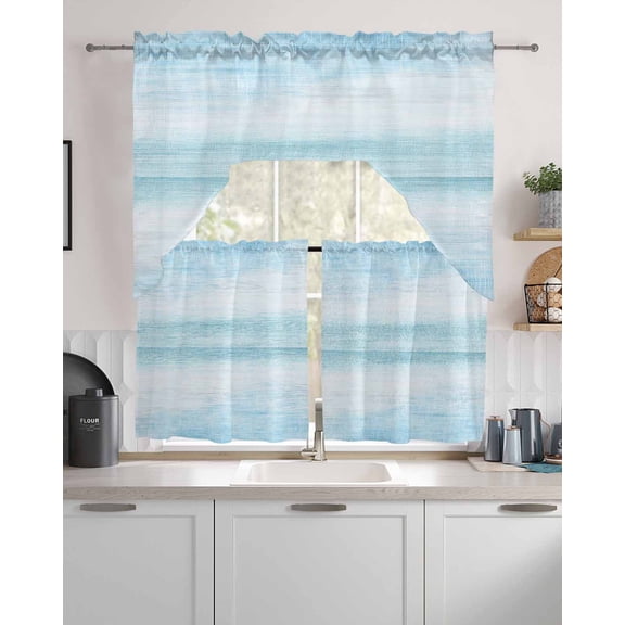 Gradient Aqua Blue Kitchen Curtains and Valance Set,Modern Rustic Minimalist Pastel Solid Short Swag Tier Curtain 24 Inch Length for Cafe Living Room Bedroom Drapes 3 Piece Window Treatment