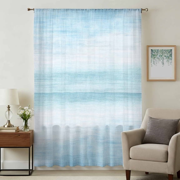 Gradient Aqua Blue Sheer Curtains 45 Inches Long, Modern Rustic Minimalist Pastel Solid Light Filering Curtains, Breathable Simi Curtain Privacy Drapes for Kitchen Bathroom Small Window Treatment