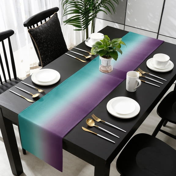 Gradient Art Abstract Purple Turquoise Cotton Linen Table Runner 18 x 72 inch Non-slip Rectangular Dining Table Decor for Wedding Party Holiday Dinner