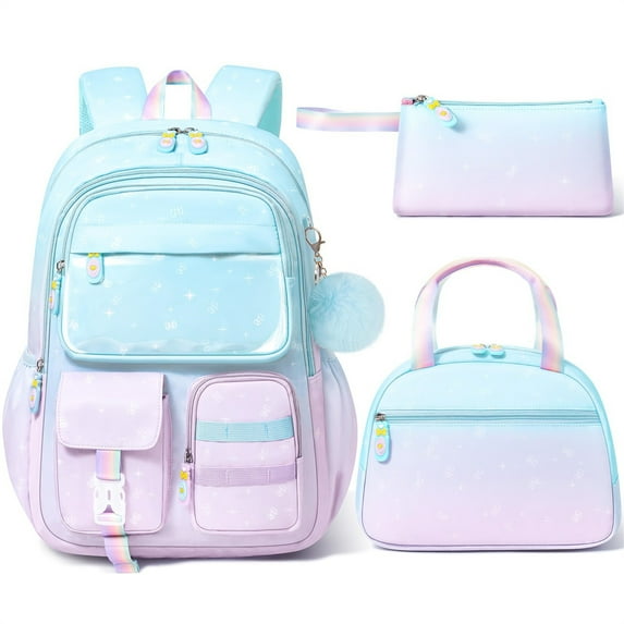 Gradient Backpack for Girls, 3 PCS Waterproof Kids Backpack with Lunch Box & Pencil Case, Blue Purple