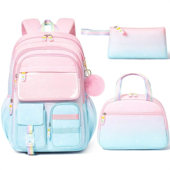 Gradient Backpack for Girls, 3 PCS Waterproof Kids Backpack with Lunch Box & Pencil Case, Pink Blue