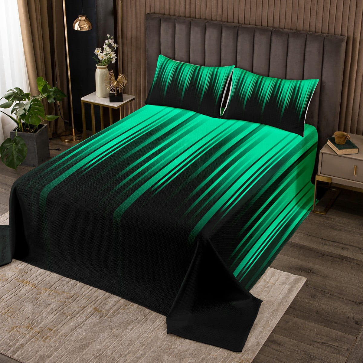 Gradient Bedspread Set King Black Green Abstract Ombre Bedding Set for ...