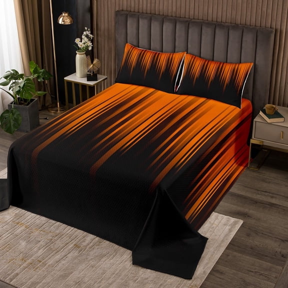 Gradient Bedspread Set King Orange Black Abstract Ombre Bedding Set Women,Retro Geometry Stripe Quilt Set,Boho Exotic Hippie Geometric Stripes Bed Set Modern Room Decor