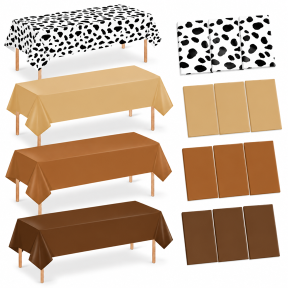 Gradient Beige and Cow Print 12-Pack Disposable Plastic Rectangle Tablecloths for Western Party Decor
