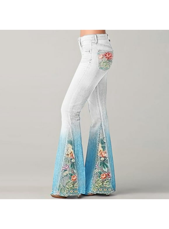 Gradient Bell Bottom Jeans For Women Trendy Stretch Flared Floral Embroidered Jean Wide Leg Denim Pants Blue M