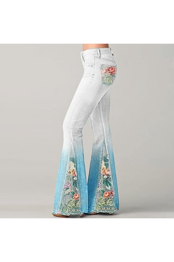 Gradient Bell Bottom Jeans For Women Trendy Stretch Flared Floral Embroidered Jean Wide Leg Denim Pants Blue M
