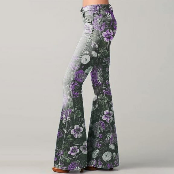 Gradient Bell Bottom Jeans For Women Trendy Stretch Flared Floral Embroidered Jean Wide Leg Denim Pants Purple XXL