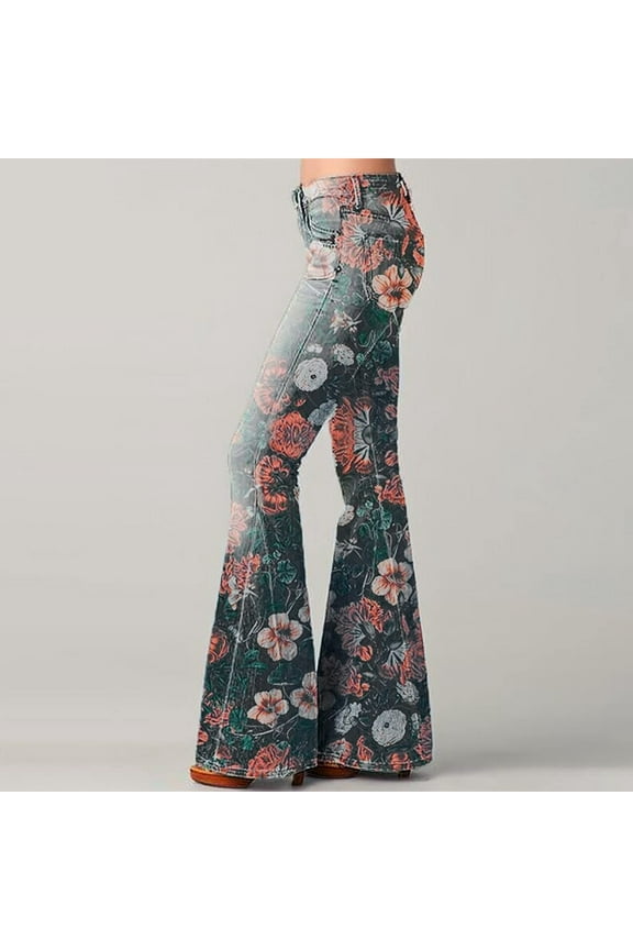 Gradient Bell Bottom Jeans For Women Trendy Stretch Flared Floral Embroidered Jean Wide Leg Denim Pants Red S