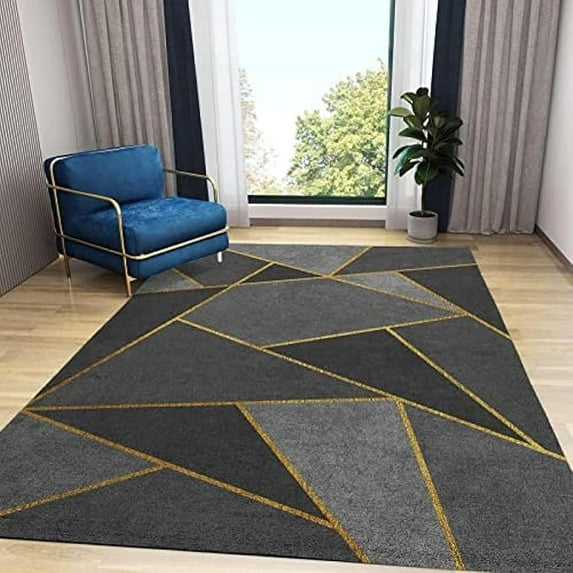 Gradient Black And Gray Abstract Color Block Splicing Area Rugs, Modern Black Gold Geometric Lines Large Rug, Soft Machine Washable Carpet For Living Room Bedroom Dining Room 5' x 7'