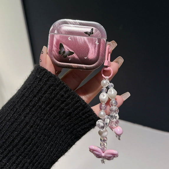 Gradient Black Butterfly Case for AirPods Pro 2 Case for Airpods 1 3 4 Silver Feather Pattern Earphone Cover with Bead Keychain (butterfly,For AirPods Pro 2)