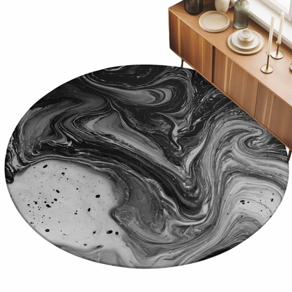 Gradient Black Marble Area Rug, Abstract Black White Ombre Water Ripples Non-Slip Felt Rubber Backing Round Indoor Carpet Washable Rugs for Living Room Bedroom 6ft