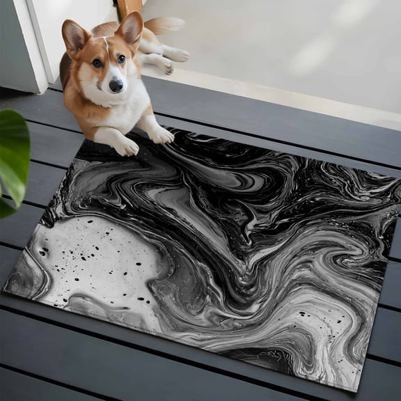 Gradient Black Marble Front Door Rugs 2x3 ft Abstract Black White Ombre Water Ripples Small Rug for Entryway Non Slip Washable Bathroom Door Mat Absorbent Floor Mat for Indoor Entrance