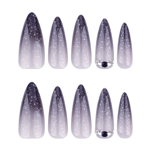 Gradient Black to Gray Ombre Press on Nails, Long Stiletto Glitter Rhinestone Accent Glossy False Nails, 24 Count