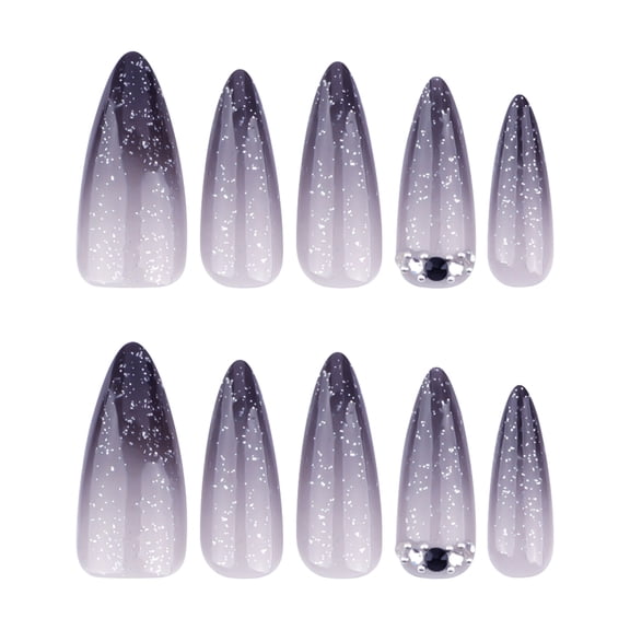 Gradient Black to Gray Ombre Press on Nails, Long Stiletto Glitter Rhinestone Accent Glossy False Nails, 24 Count