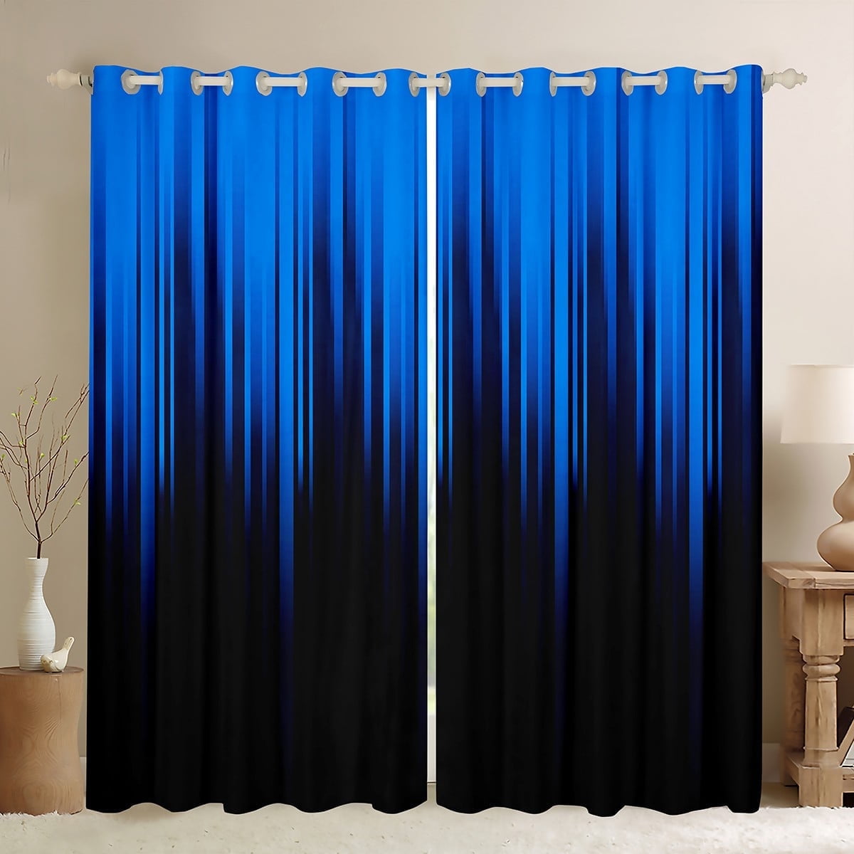 Gradient Blackout Curtains Black Blue Ombre Abstract Curtains & Drapes,Retro Geometric Stripes Window Curtains,Boho Exotic Geometry Striped Curtains 38"Wx45"L
