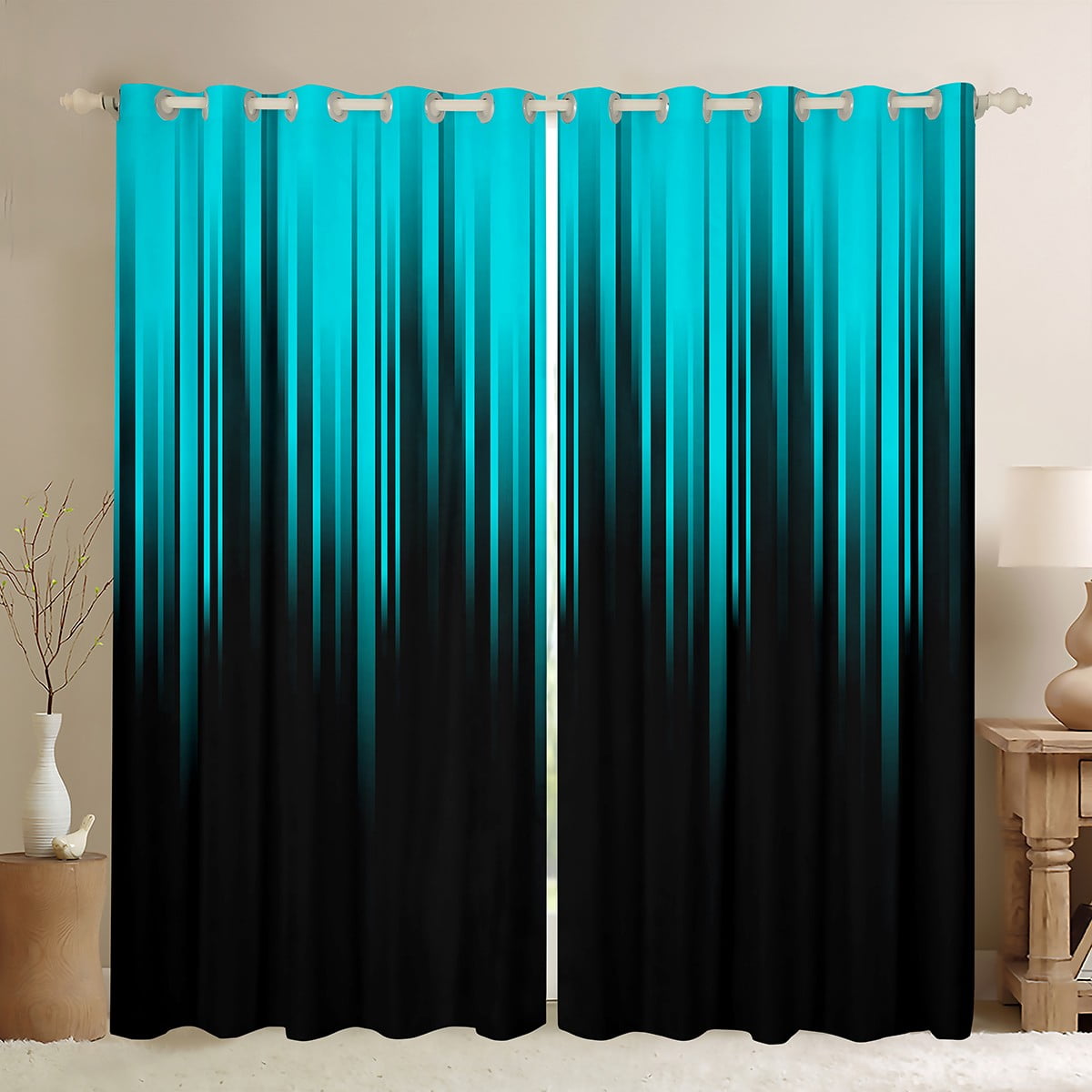 Gradient 30%-50% Blackout Curtains Teal Black Abstract Ombre Curtains & Drapes,Geometry Striped Window Curtains,Boho Exotic Hippie Geometric Stripes Curtains 42"Wx63"L
