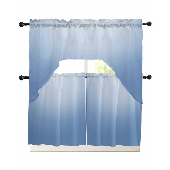 Gradient Blue 3 Piece Swag Kitchen Curtains Set Solid Simple Style Monochrome Minimalist Valance and Tier Curtains 24 In Long, 56" x 36" Window Topper for Cafe Bathroom Bedroom