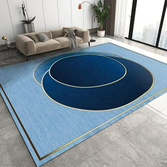 Gradient Blue Circle Area Rug, Luxurious Golden Square Lines Rugs For Living Room, Non-Slip Washable Floor Carpet, For Bedroom Dining Room Office Play Room 2x3ft