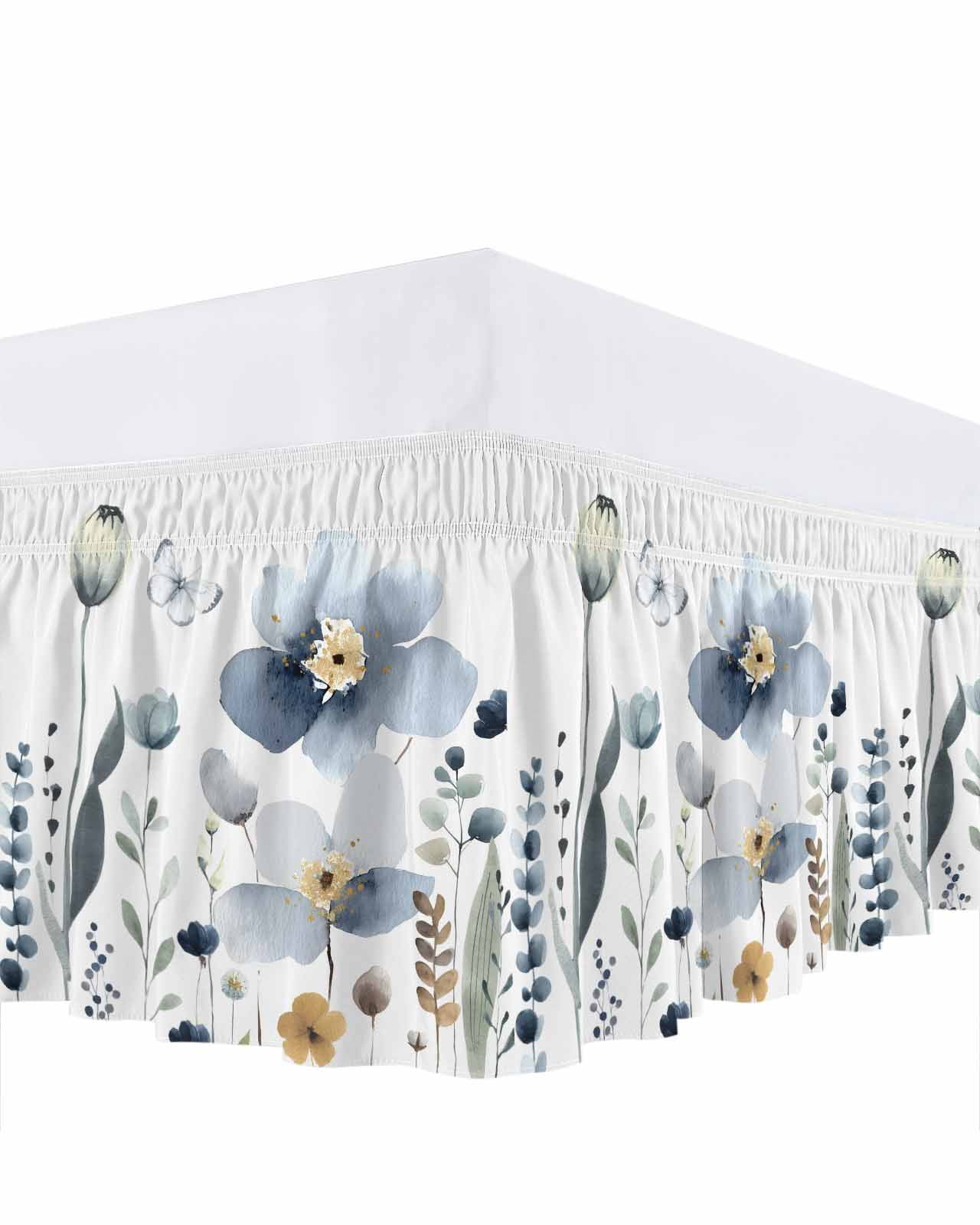 Gradient Blue Flower Bed Skirt Queen Size 18 Inch Drop, Watercolor ...