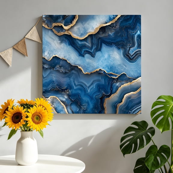 Gradient Blue Gold Marble Canvas Wall Art, Modern Abstract Art Watercolor Marble Waves Framed Canvas Wall Decor Picture Print Artwork Decorations for Living Room Office Ready to Hang 8" x 8"