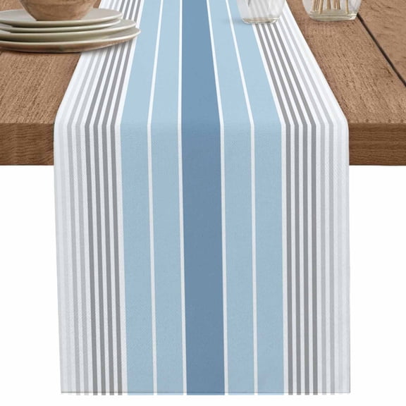 Gradient Blue Gray Stripe Table Runner-70 Inch Long Modern Minimalist Line Table Runners Linen Burlap Tablerunner for Kitchen Dining Room Holiday Party