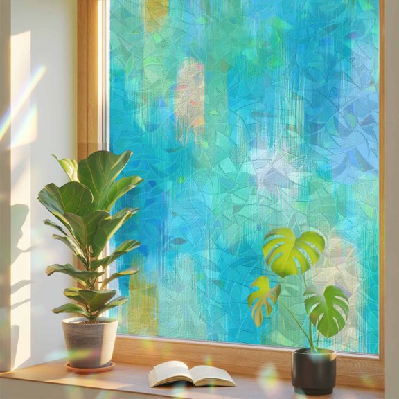Gradient Blue Green Window Privacy Film, Abstract Gradient Green Blue Yellow Texture Stained Glass Rainbow Film Decorative Window Clings, Static Cling Sun Blocking Stickers 17.7" x 39.3"