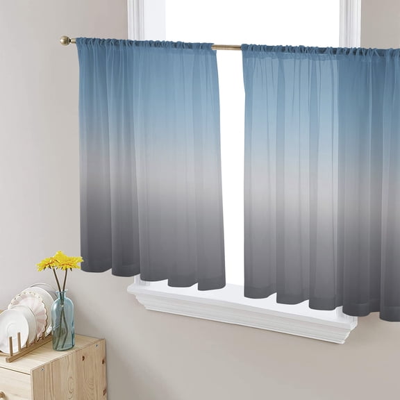 Gradient Blue Grey Abstract Art Semi Sheer Curtains 45 Inch Length 2 Panels Set, Sheer Kitchen Curtain Privacy Voile Window Curtain for Living Room Bedroom Rod Pocket Drapes