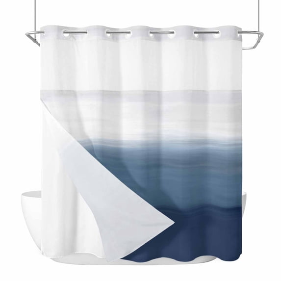 Gradient Blue No Hook Shower Curtain with Snap in Liner Abstract Dark Blue White Gradient Water Ripples Waterproof Bathroom Shower Curtain with See Through Top Window for Bathtub 72" x 78"