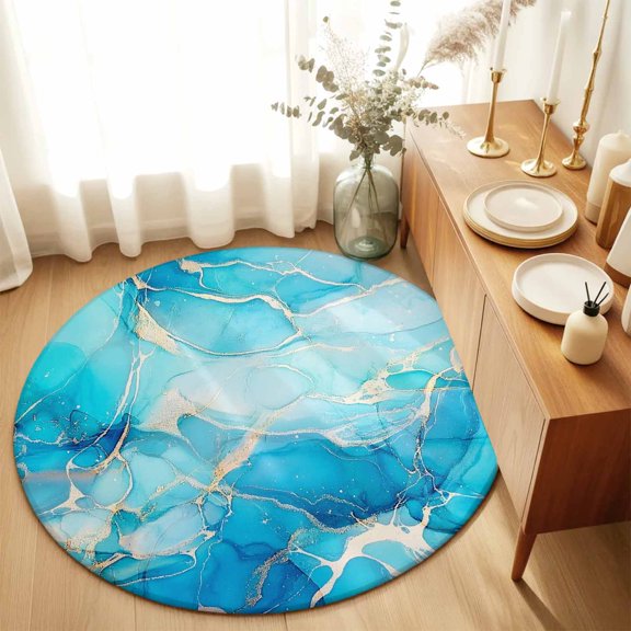 Gradient Blue Marble Texture Round Rug 3ft Abstract Geometric Seamless Washable Area Rugs for Living Room Bedroom Entryway Non Slip Entrance Door Mat Indoor Floor Carpet