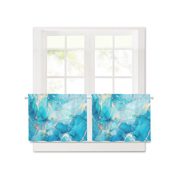 Gradient Blue Marble Texture Short Blackout Curtains 24 Inch Long,Abstract Geometric Seamless Rod Pocket Kitchen Curtains,2 Panels Thermal Insulated Room Darkening Drapes for Bedroom,30"W x 24"L