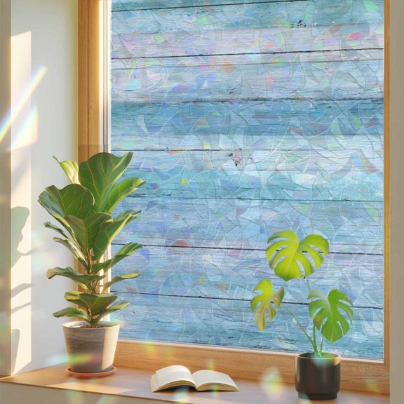 Gradient Blue Ocean Retro Plank Window Privacy Film, Rainbow Film Decorative Window Sticker 17.7x39.3in, Country Wood Board Sun Blocking Static Stained Glass Cling Tint Non-Adhesive