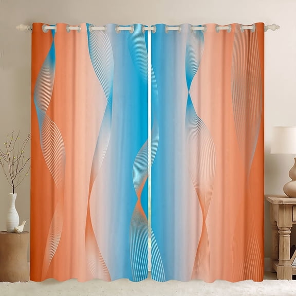 Gradient Blue and Orange Blackout Curtains Ombre Curtains & Drapes,Spiral Silver Print Wave Striped Pattern 2 Panels 42"Wx63"L Curtains,Abstract Art Room Decor Aesthetic