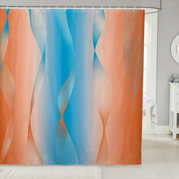 Gradient Blue and Orange Waterproof Bathroom Curtains Ombre 72"Wx72"L Shower Curtain,Trippy Spiral Silver Wave Line Fabric Shower Curtain,Abstract Art Boho Bathroom Decor