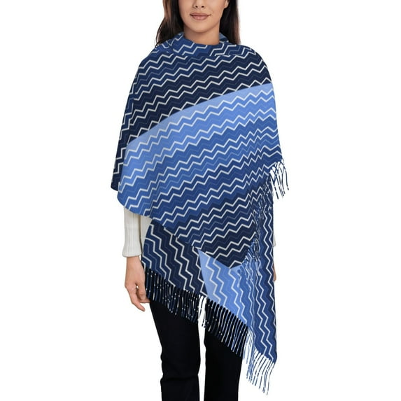 Gradient Blue Patttern Pashmina Shawl Wrap Women Scarf with Fringe for Evening Wedding Travel