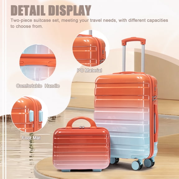 Gradient Blue Red 2 Piece PC Spinner Wheel Luggage Set With Combination Lock Side Feet Mat Stable Upright Carry On Suitcase For Travel