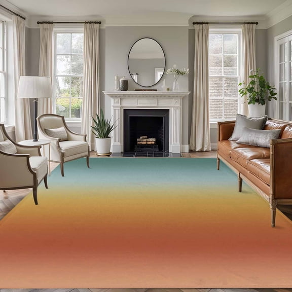 Gradient Blue Red 5x7 Rug for Living Room Sofa and Coffee Table Layout, Modern Abstract Minimalist Yellow Orange Ocean Beach Washable Non Slip Rectangle Area Rug