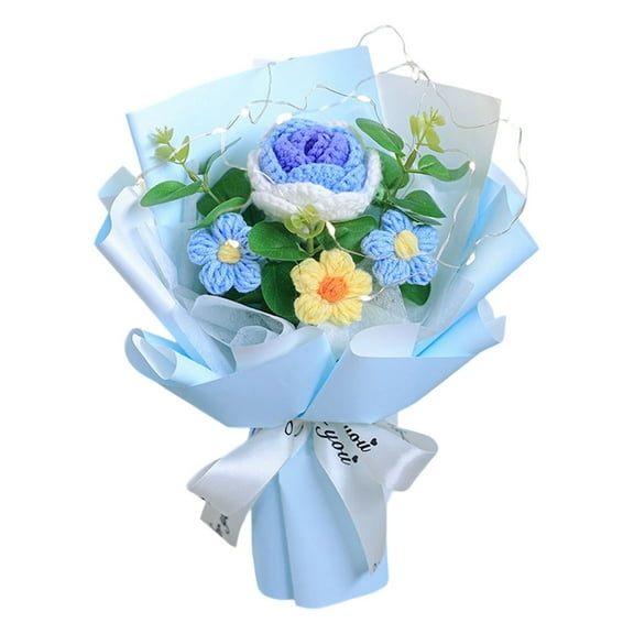 Gradient Blue Rose, Crochet Rose Bouquet Knitted for Her Eternal Flower Arrangement Home&Wedding Decor Christmas Teacher for Mom Love