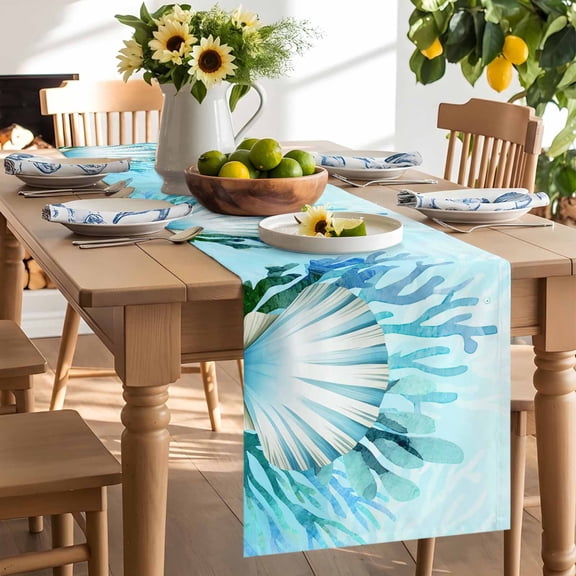 Gradient Blue Seashells Table Runner, Watercolor Corals Ocean Coastal Sea Washable Kitchen Table Runners Dress Scarves for Dining Table Decorations Party/Restaurant/Indoor Outdoor Use, 13x36in