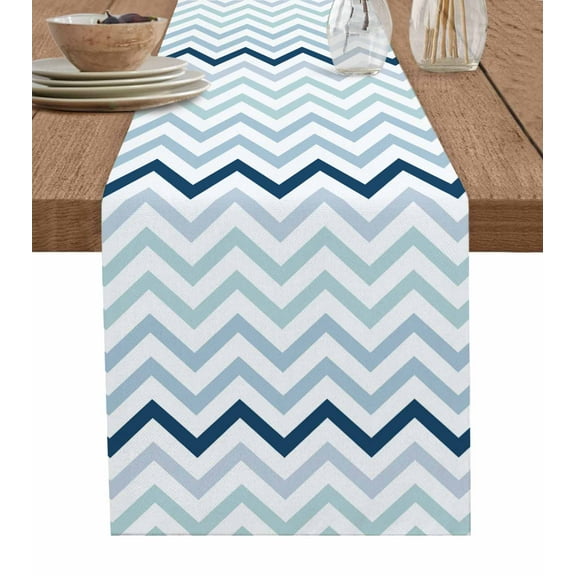Gradient Blue Table Runner 36 Inches, Geometric Stripes Wave Chevron Pattern Bed Runner Dresser Scarves Tabletop for Indoor Outdoor Parties/Ceremony/Banquet, 13"x 36"