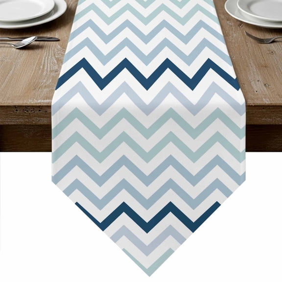 Gradient Blue Table Runner Linen Burlap Table Runner 36 Inches Small Geometric Stripes Wave Chevron Pattern Dresser Scarves for Kitchen Island Coffee Dining Party Wedding Holiday Decor 13"x36"