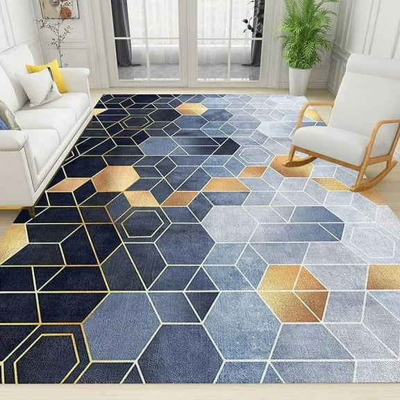 Gradient Blue Texture Area Rug, Luxurious Black Gold Geometric Lines Large Rugs, With Anti-Slip Backing Washable Indoor Carpet For Living Room Bedroom Study Dining Room 3 x 4ft