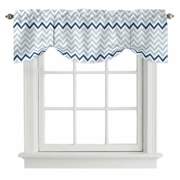 Gradient Blue Tie Up Valance Curtains for Windows, Kitchen Curtains Window Treatments, Geometric Stripes Wave Chevron Pattern Short Window Shades Valances for Bedroom Bathroom Cafe 42"x12"