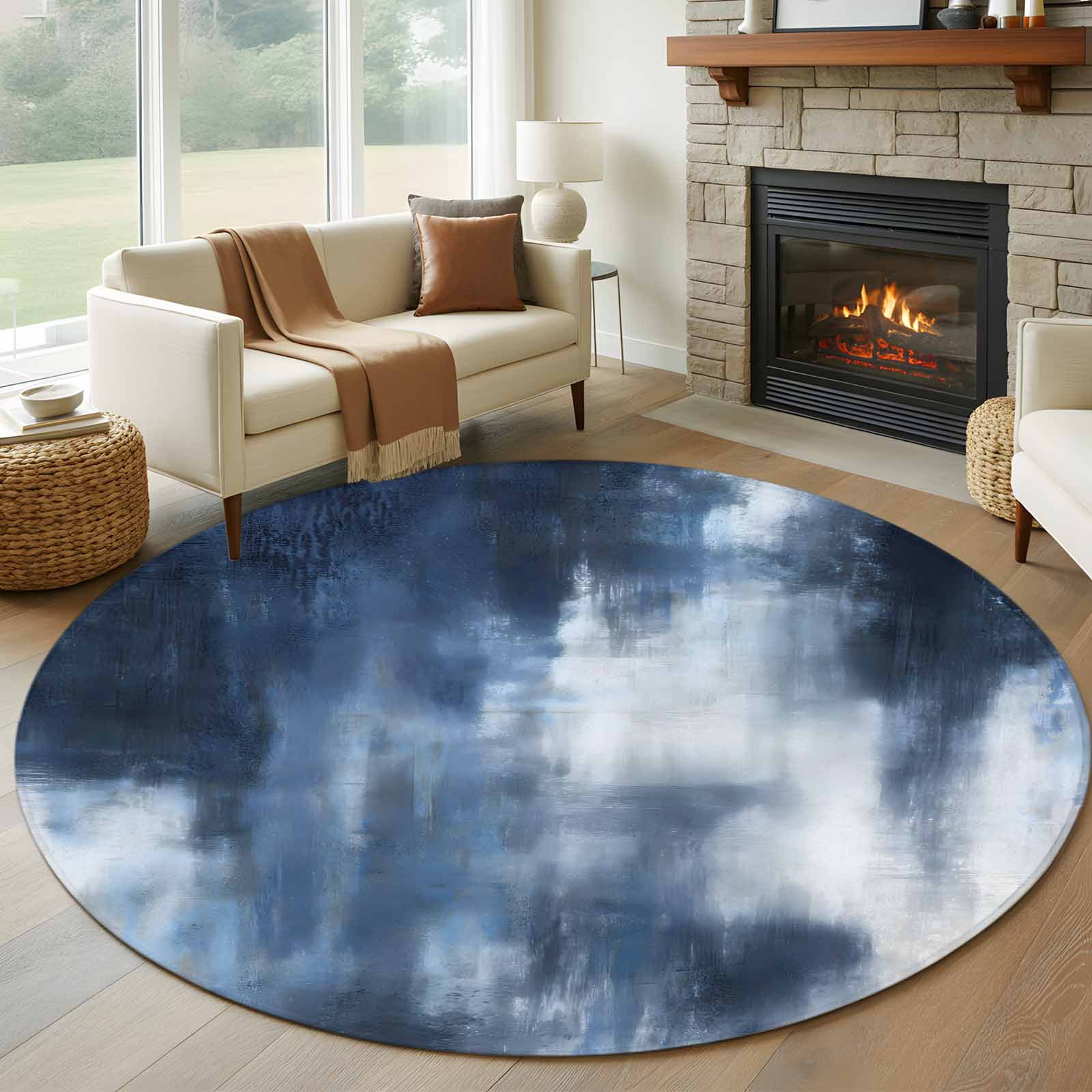 Low Profile Blue Rug Gradient Blue White Round Rugs for Living Room 6ft Abstract Vintage ...