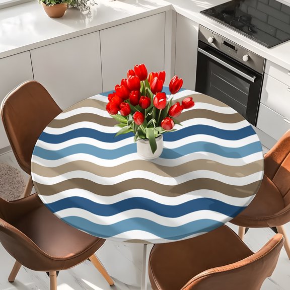 Gradient Blue-brown Geometric Striped Round Fitted Tablecloth with Elastic Edge,Waterproof Table Cloth Fits Tables Up to 36"-44",Washable Table Cover for Indoor Outdoor Dinning,Water Ripple
