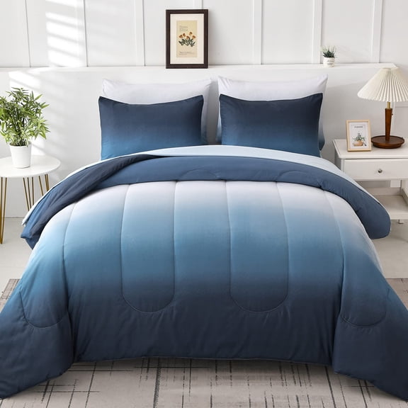 Gradient Blueforter Set - 6 Pieces Ombre Navy Whitefiber Bed In A Bag All Season Down Alternative Light Sea Abstract Bedding For Teen Women