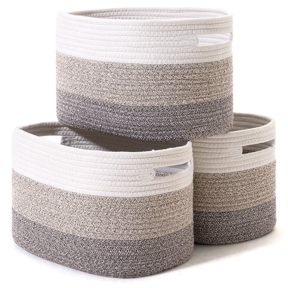 Gradient Brown Large Woven Cotton Rope Storage Basket for Books, Toys, or Decorative Shelves（3PCS)