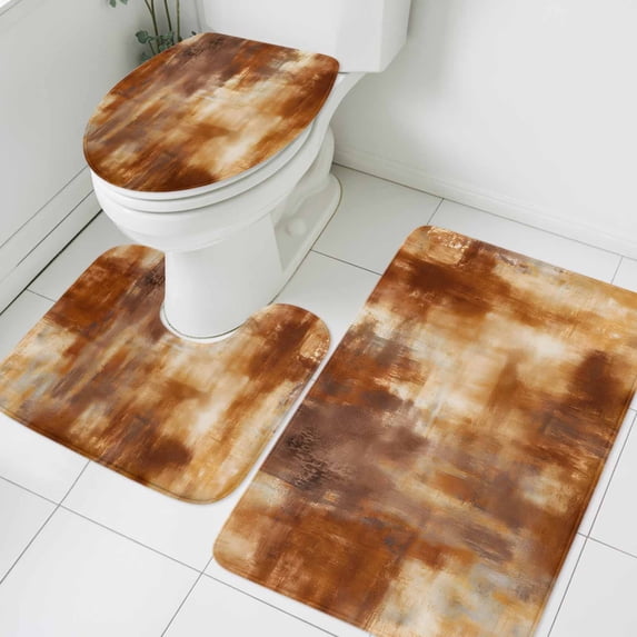 Gradient Burnt Orange Bathroom Rugs Set Abstract Vintage Burnt Orange Oil Painting Non Slip Absorbent Soft Bath Mats 3 Piece Set with Bathroom Rug, U-Shaped Floor Mat, Toilet Seat Cover Small Size