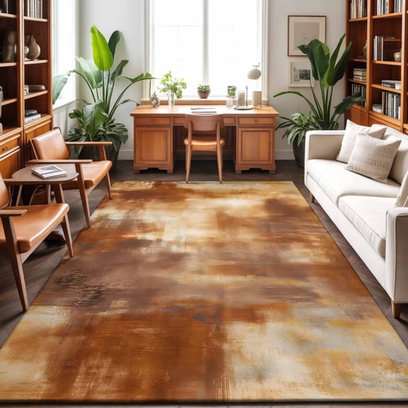 Gradient Burnt Orange Washable Area Rug 5 x 7 ft Abstract Vintage Burnt Orange Oil Painting, Soft Non Slip Rugs Stain Repellent Indoor Felt Carpet for Living Dining Room Bedroom Home Office