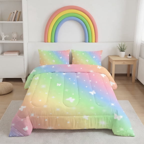 Psoiuetr Gradient Butterfly Glitter Bedding Set for Kids Girls Teens Full Size Galaxy Rainbow Comforter Set Pink 3Pcs