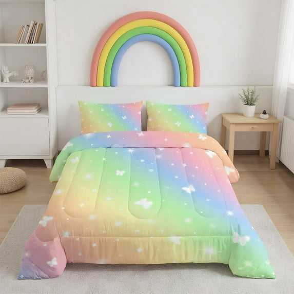 Psoiuetr Gradient Butterfly Glitter Bedding Set for Kids Girls Teens Queen Size Galaxy Rainbow Comforter Set Pink 3Pcs